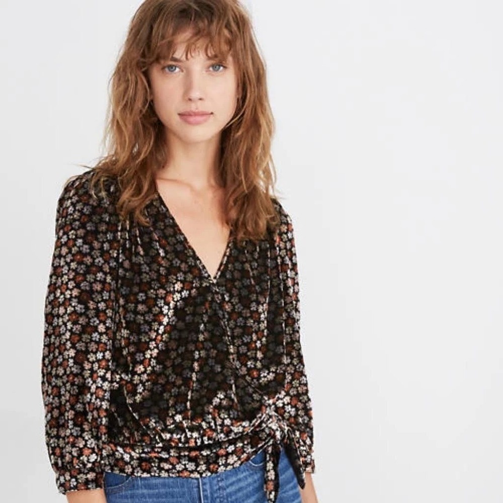 Madewell Black Floral V-Neck Tie-Waist Blouse